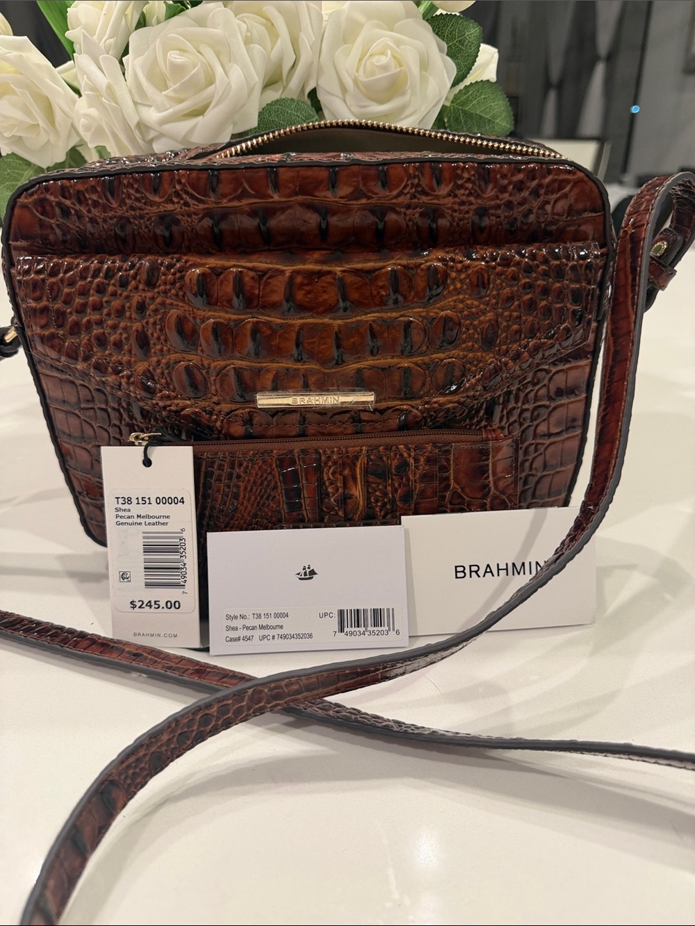 Brahmin Shea Pecan Melborne Brown Croc-Embossed Leather Crossbody and wallet .